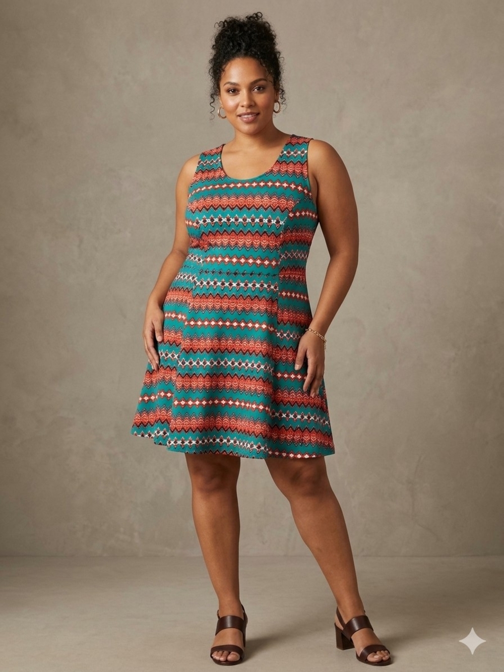 K Jordan Teal and Coral Sleeveless Fit-and-Flare Zigzag Dress